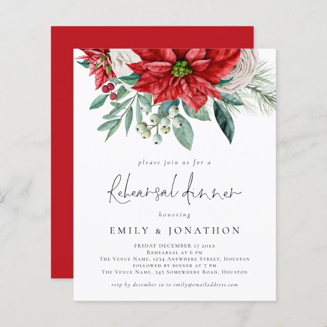 Budget Poinsettia QR Code Rehearsal Dinner invite (Front/Back)