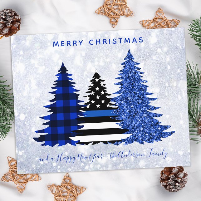 Budget Police Christmas Blue Plaid Glitter Card (Creator Uploaded)