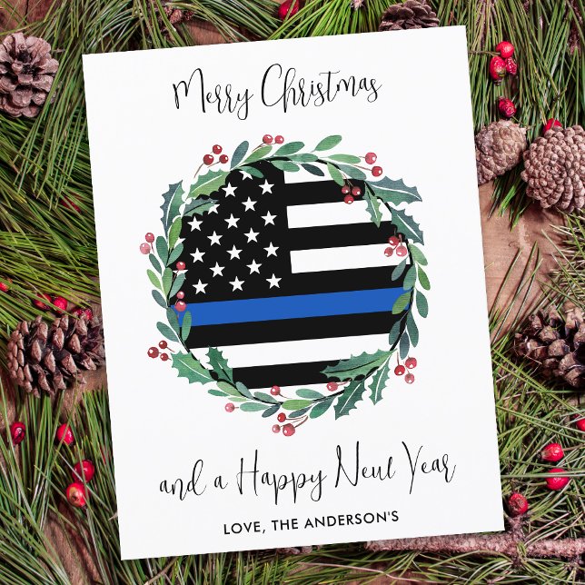 Budget Police Christmas Wreath Blue Flag Holiday Postcard (Creator Uploaded)