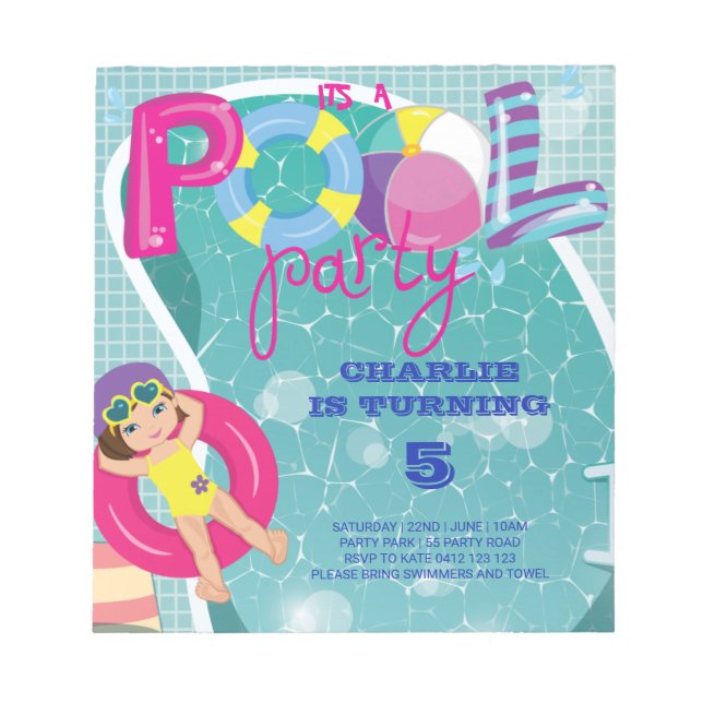 BUDGET Pool Party Kids Birthday Invitation  Notepad (Front)