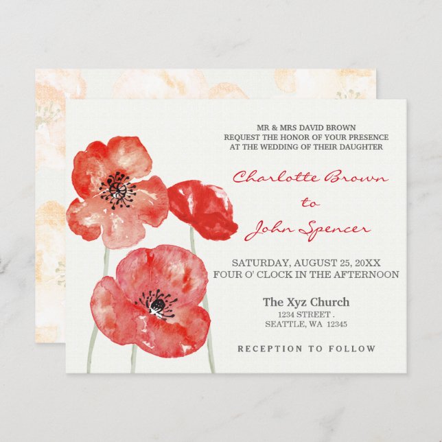 Budget Poppies Modern floral wedding invitations (Front/Back)