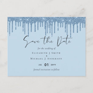 Budget Pretty Girly BLUE Glitter Wedding Save Date Postcard