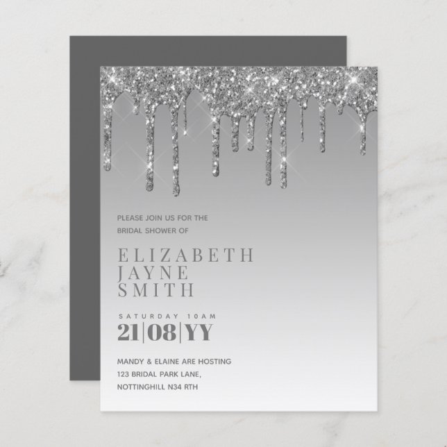 BUDGET Pretty Girly Bridal Shower Invites Glitter (Front/Back)