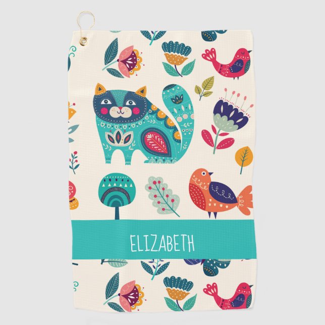 Budget Pretty Girly Cats Folk Art Style ADD NAME Golf Towel (Front)