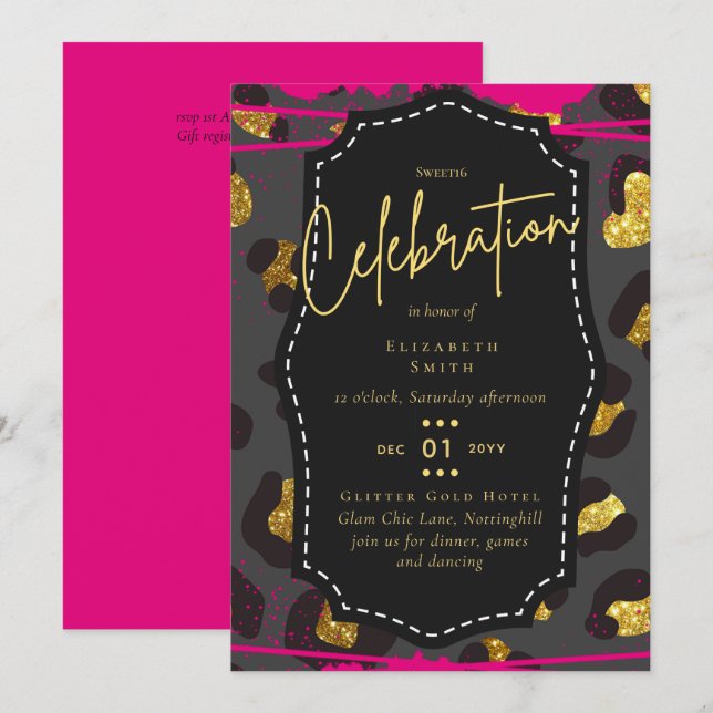 Budget Pretty Girly Sweet16 Gold Animal Print Inv Invitation (Front/Back)