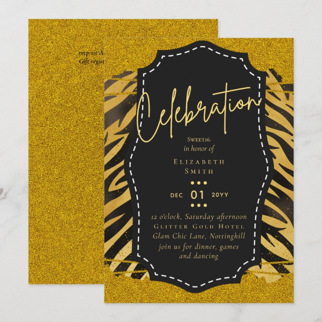 Budget Pretty Girly Sweet16 Gold Animal Print Inv Invitation (Front/Back)