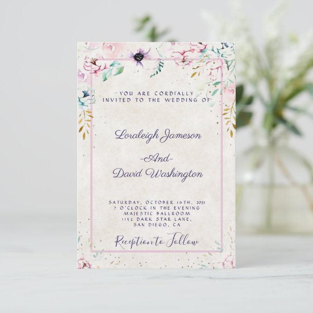Budget Pretty Pink and purple floral wedding  Invi Invitation (Standing Front)