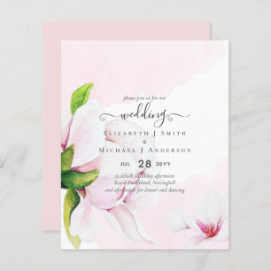 BUDGET Pretty Pink Magnolias Floral Wedding Invite