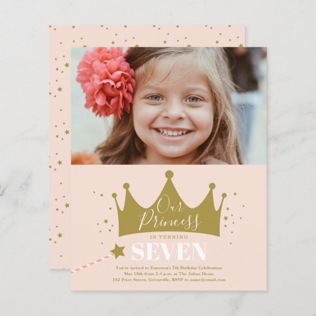 Budget Princess Pink Modern Birthday Invitation  (Front/Back)