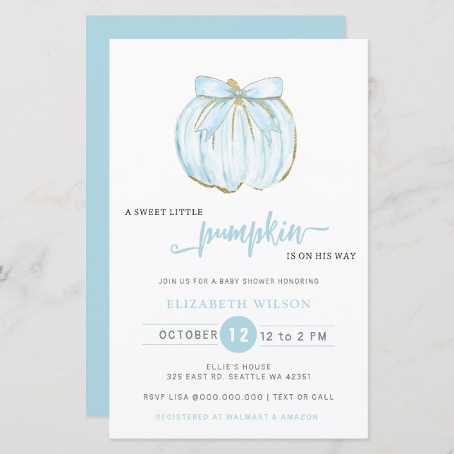 Budget Pumpkin Blue Bow Boy Baby Shower Invite (Front/Back)