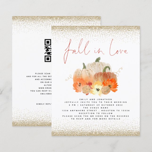 Budget Pumpkin Glitter QR Fall in Love Wedding  (Front/Back)