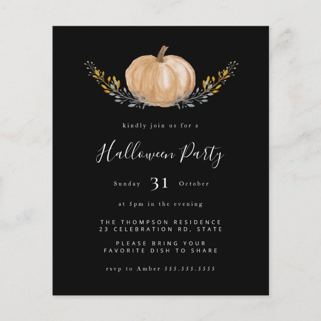 Budget Pumpkin Halloween Black Party Invitation (Front)