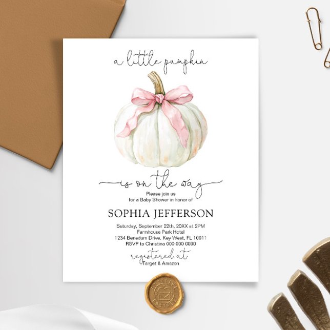 Budget Pumpkin & Pink Bow Baby Shower Invitation (Creator Uploaded)