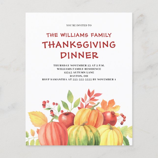 Budget Pumpkin Thanksgiving Dinner Invitation  (Front)