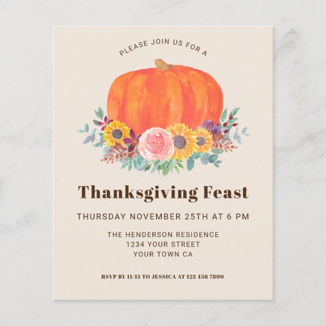 Budget Pumpkin Thanksgiving Dinner Invitation  (Front)