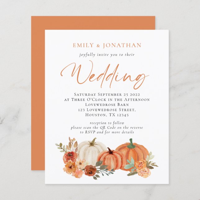 Budget Pumpkins Fall Florals QR Wedding Invite (Front/Back)