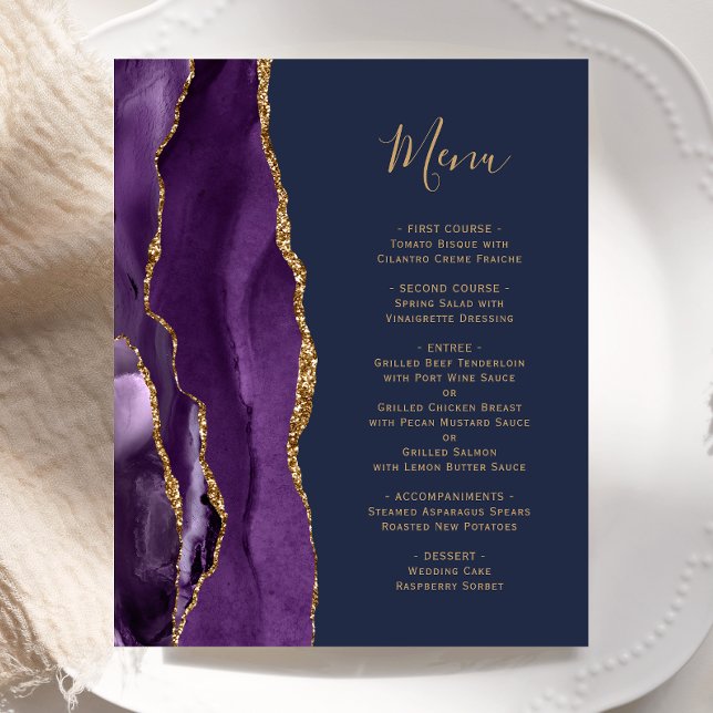 Budget Purple Agate Navy Blue Wedding Menu (Creator Uploaded)