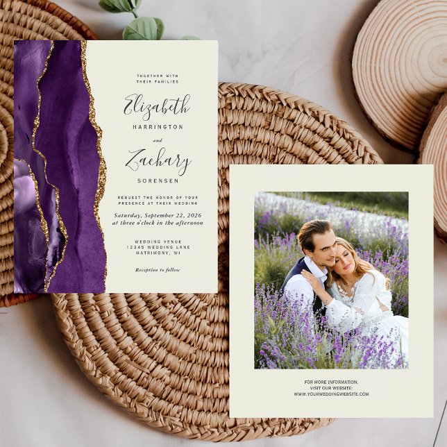 Budget Purple Agate Photo Ivory Wedding Invite (Creator Uploaded)