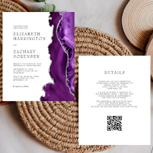 Budget Purple Agate Silver QR Code Wedding Invite