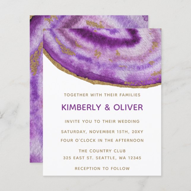 Budget Purple and Gold Agate Wedding Invitation (Front/Back)