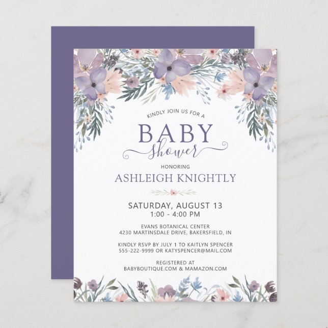 Budget Purple Baby Shower Floral Wildflower Invite (Front/Back)