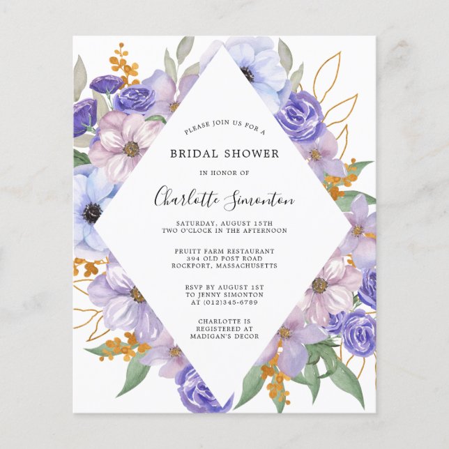 Budget Purple Blue Floral Bridal Shower Invitation (Front)