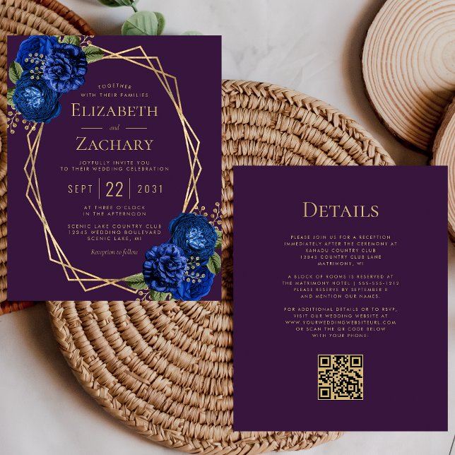Budget Purple Blue Floral Gold QR Code Wedding (Creator Uploaded)