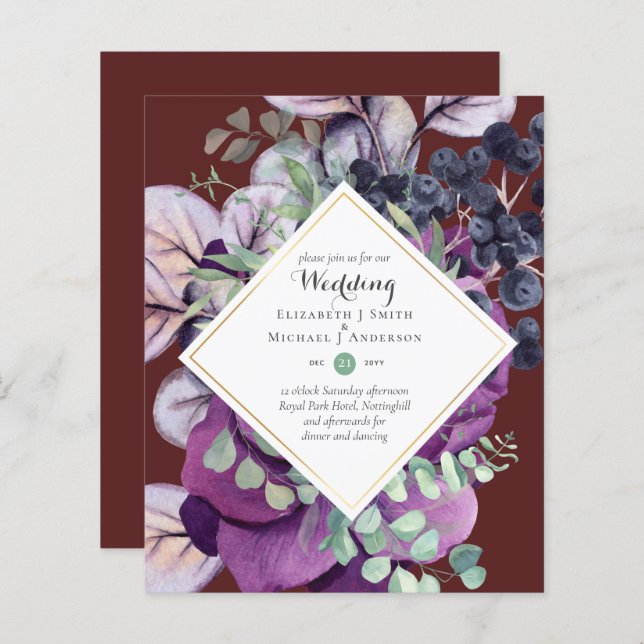 BUDGET Purple Blue Floral Wedding Invitations (Front/Back)