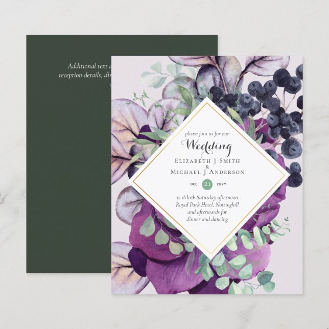 BUDGET Purple Blue Floral Wedding Invitations (Front/Back)