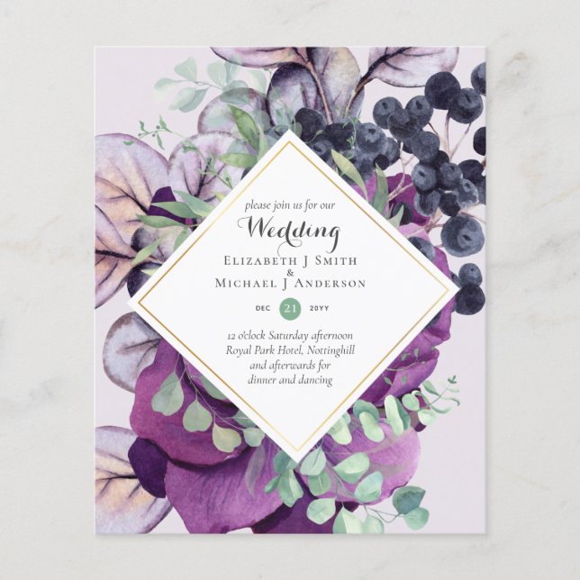 BUDGET Purple Blue Floral Wedding Invitations Flyer (Front)