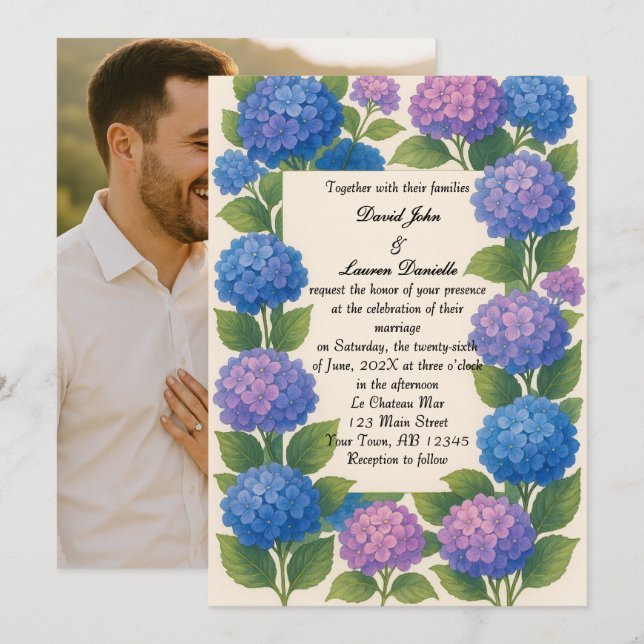 Budget Purple/Blue Hydrangea Photo Wedding Invite (Front/Back)