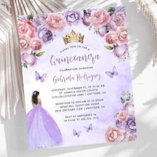 Budget Purple Blush Floral Quinceañera Invite
