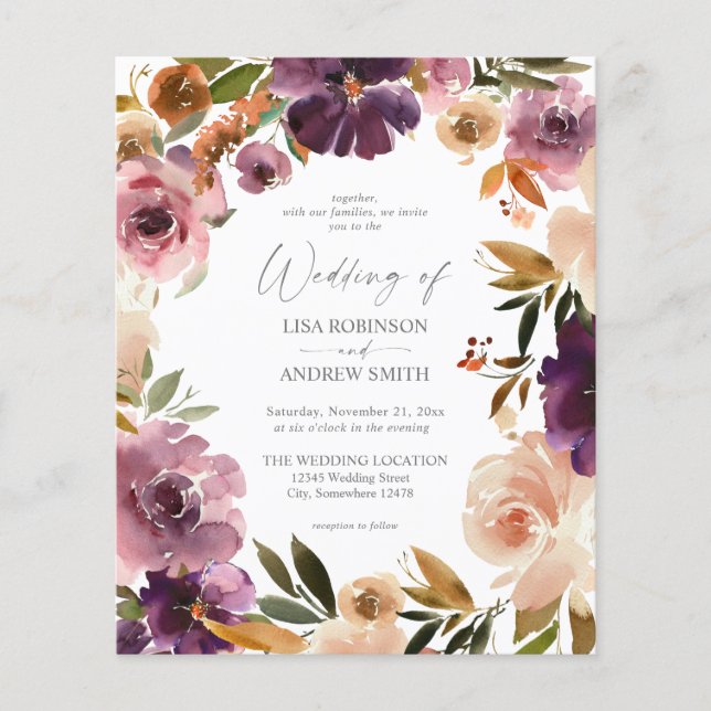 Budget Purple & Blush Pink Floral Wedding Flyer (Front)