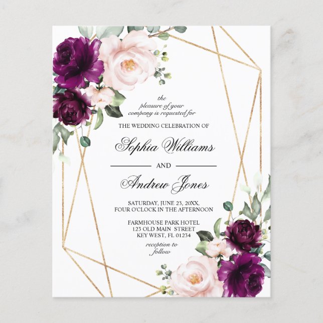 Budget Purple & Blush Pink Rose Wedding Invitation (Front)