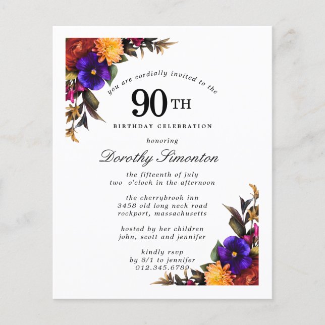 BUDGET Purple Burgundy Floral 90th Birthday Invite (Front)