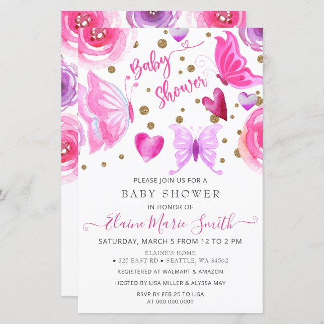 Budget Purple Butterflies Baby Shower Invitation (Front/Back)