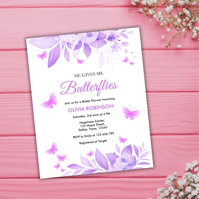 Budget Purple Butterfly Bridal Shower Invitation Flyer (Budget He Gives Me Butterflies Purple Bridal Shower Invitation )