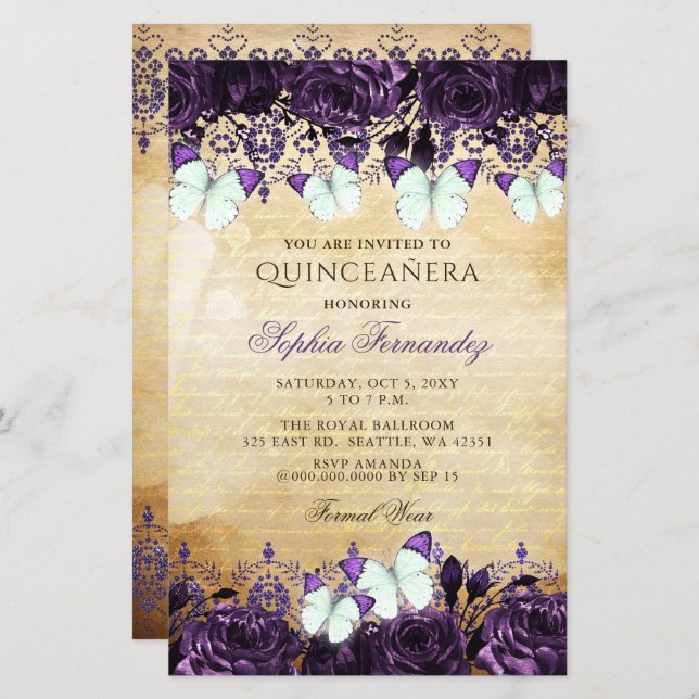 Budget Purple Butterfly Quinceañera Invitation (Front/Back)