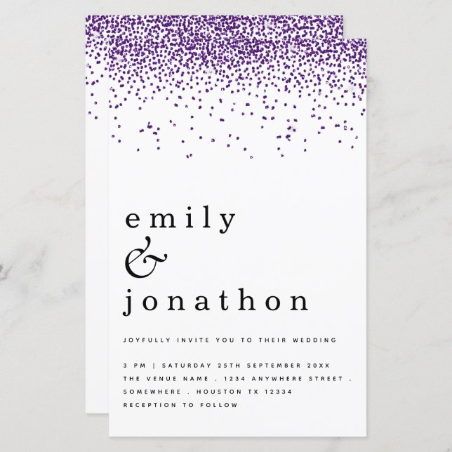 Budget Purple Confetti Glitter Wedding Invitation (Front/Back)