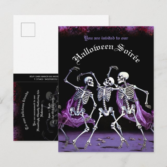 Budget Purple Dancing Skeletons Adult Halloween Invitation Postcard (Front/Back)