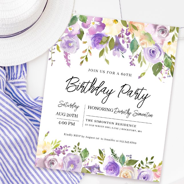 Budget Purple Floral 60th Birthday Invitation (Matching welcome signs and party supplies available. Message me for help finding them!)