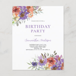 Budget Purple Floral Birthday Invitation Flyer