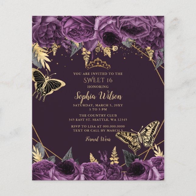 Budget Purple Floral Butterfly Sweet 16 Invitation (Front)