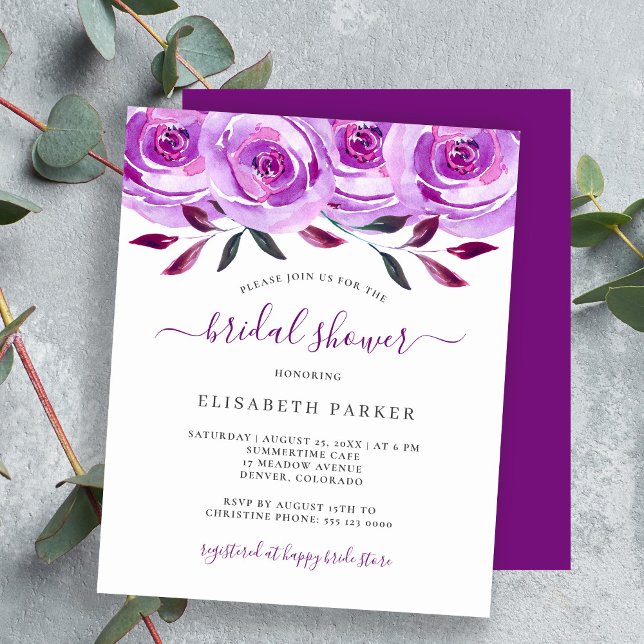Budget purple floral chic bridal shower invitation (Creator Uploaded)