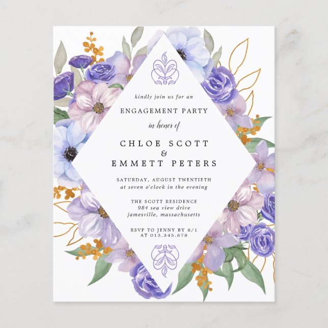 Budget Purple Floral Engagement Party Invitation (Front)