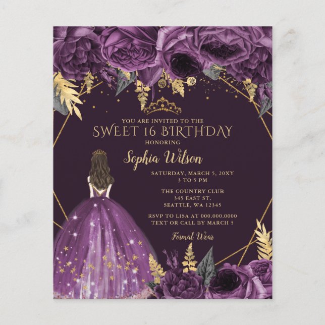 Budget Purple Floral Princess Sweet 16 Invitation (Front)
