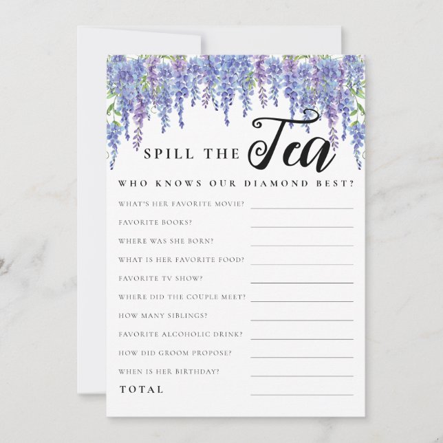 Budget Purple Floral Spill Tea Bridal Shower Game Invitation (Front)