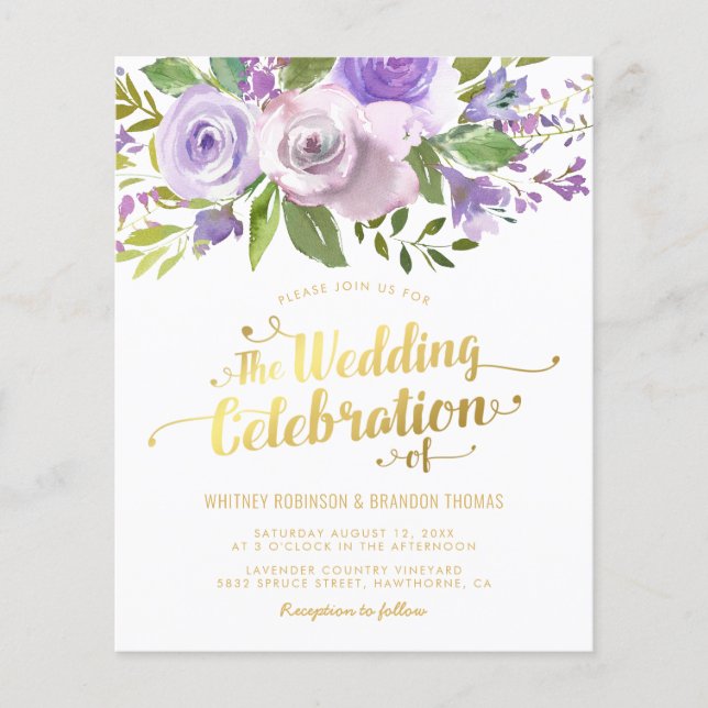 Budget Purple Floral Watercolor Wedding Invitation (Front)