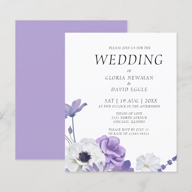 Budget Purple Floral Wedding Invitation (Front/Back)