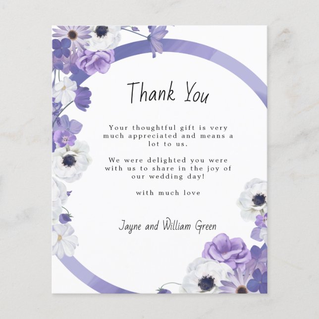 Budget Purple Floral Wedding Thank You Card (Front)